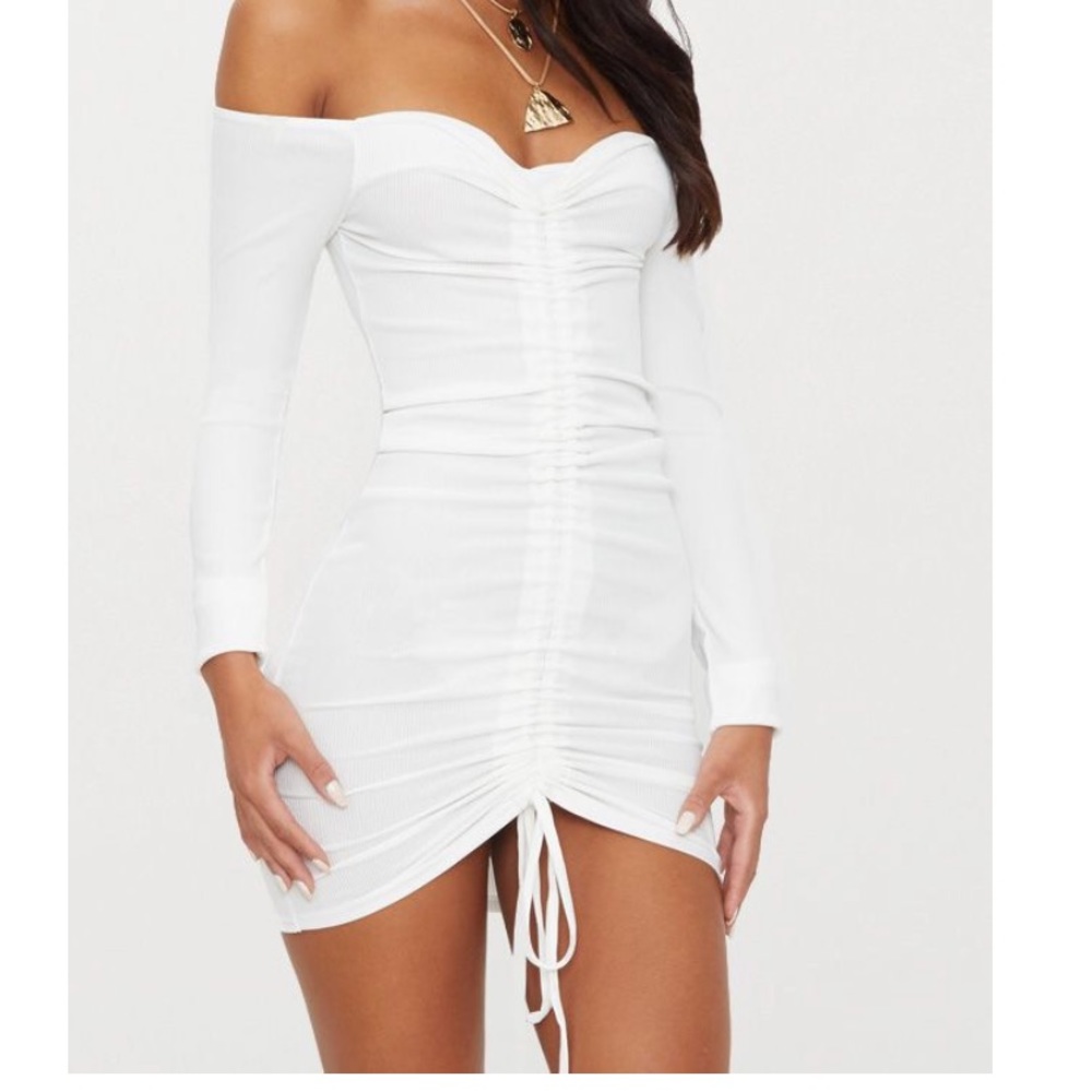 PrettyLittleThing White Ribbed Ruched Bodycon